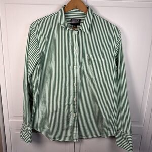 J.Crew Garcon Classic Fit Shirt Women's Size 14 Tall Green White Stripe Cotton